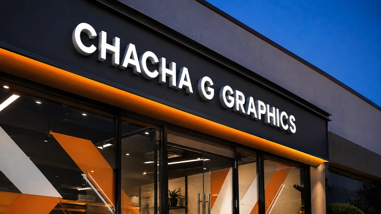 Photorealistic concept visual of a Chacha G Graphics storefront with dimensional fascia lettering and printed window vinyl