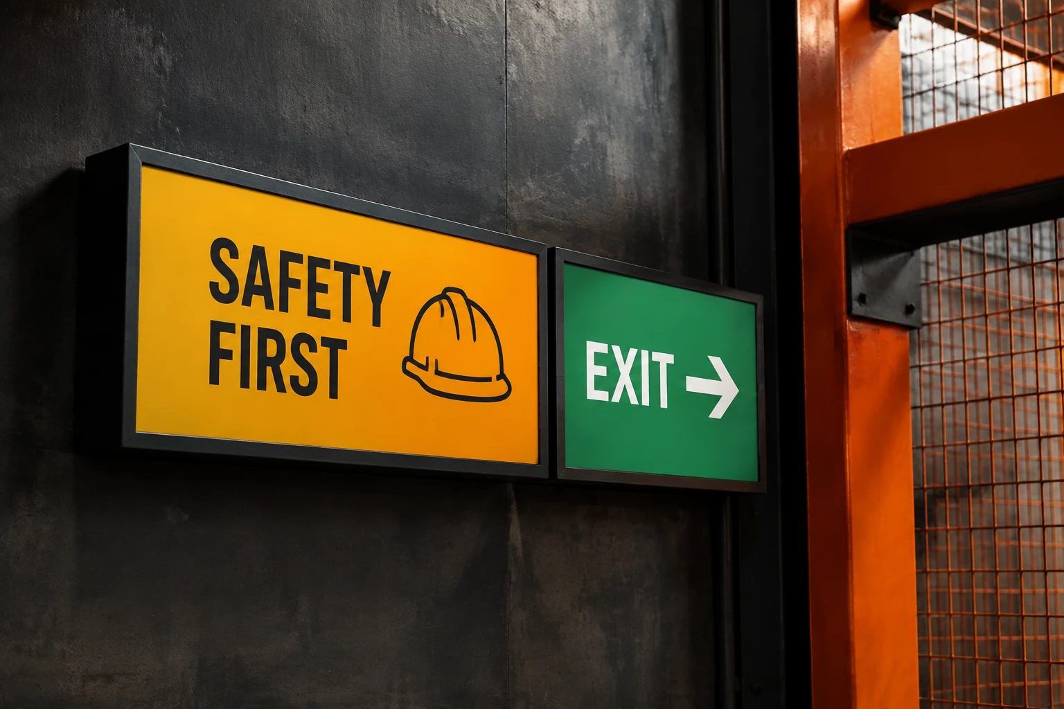 Photorealistic concept visual of installed safety and directional signs in an industrial facility