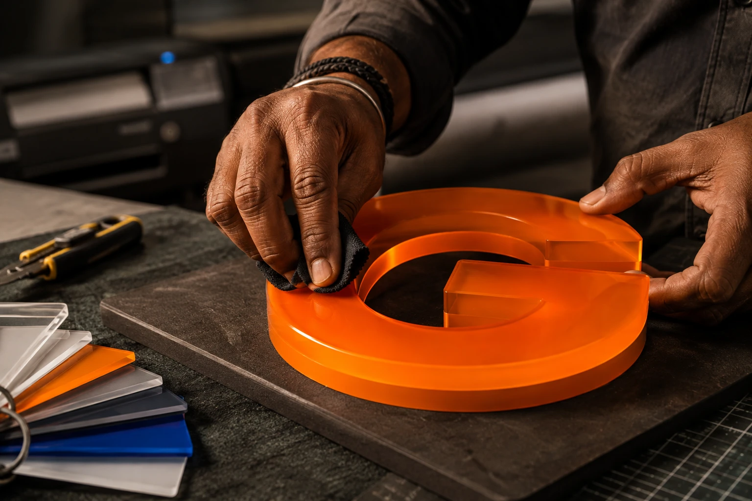 Concept close-up of a craftsperson finishing an orange acrylic letter at a workbench